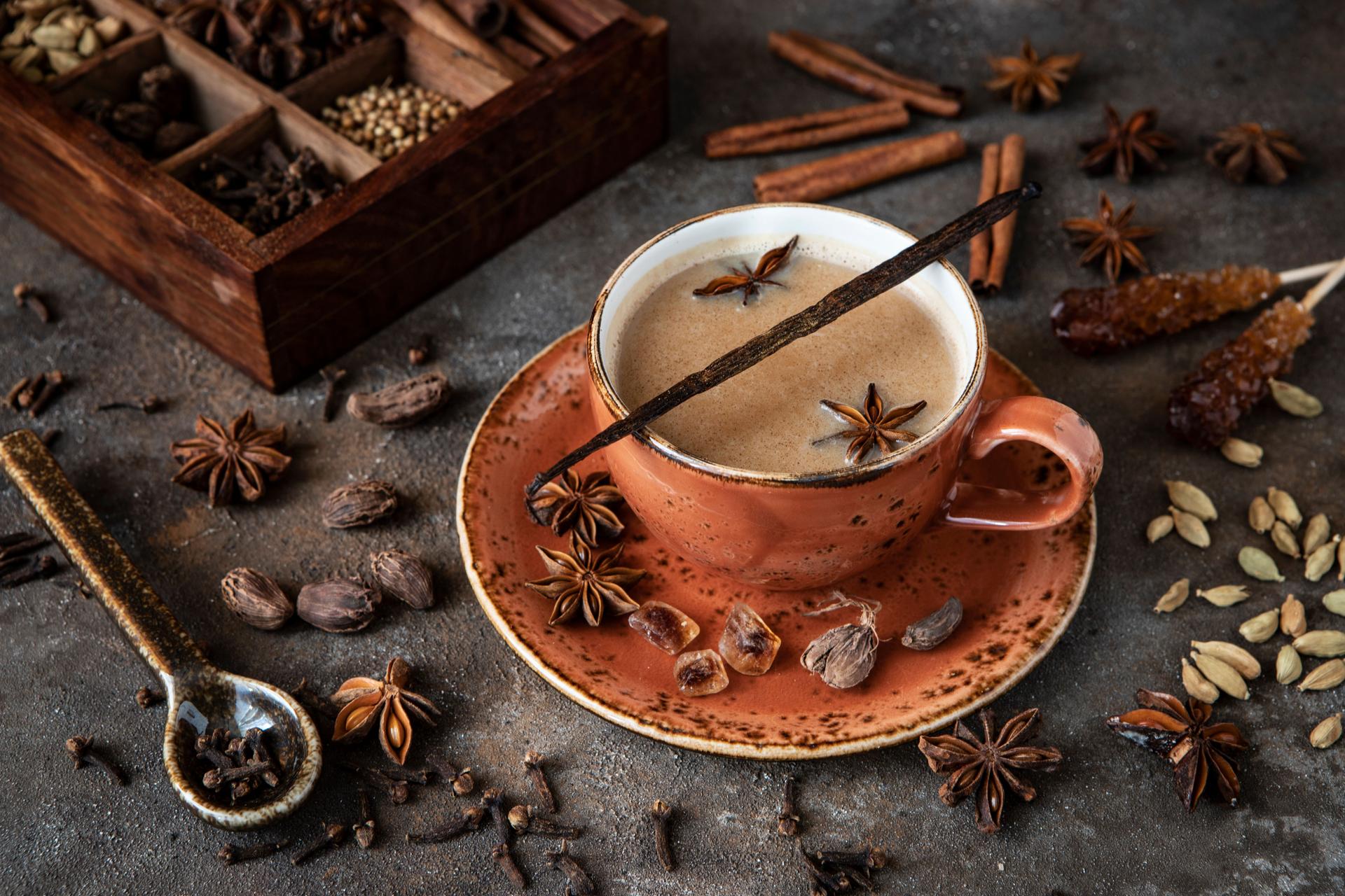 Indian masala chai tea. Spiced tea with milk  and spices
